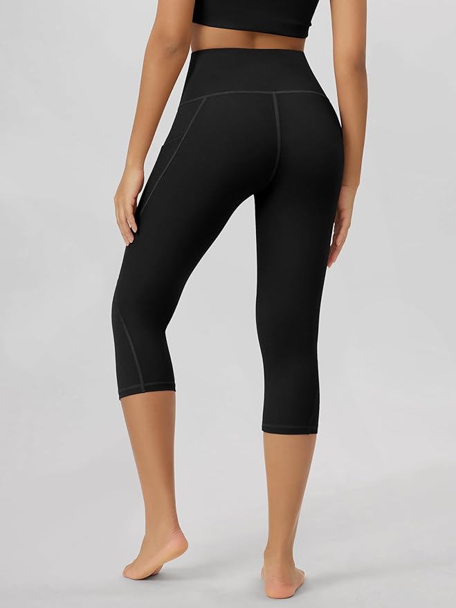 ODODOS Women's High Waisted Yoga Capris with Pockets, Tummy Control Non See Through Workout Athletic Running Capri Leggings
