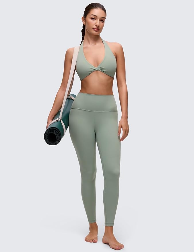 CRZ YOGA Butterluxe Double Lined Twist Halter Sports Bras for Women - Deep V Neck Crop Top Casual Open Back Non Padded