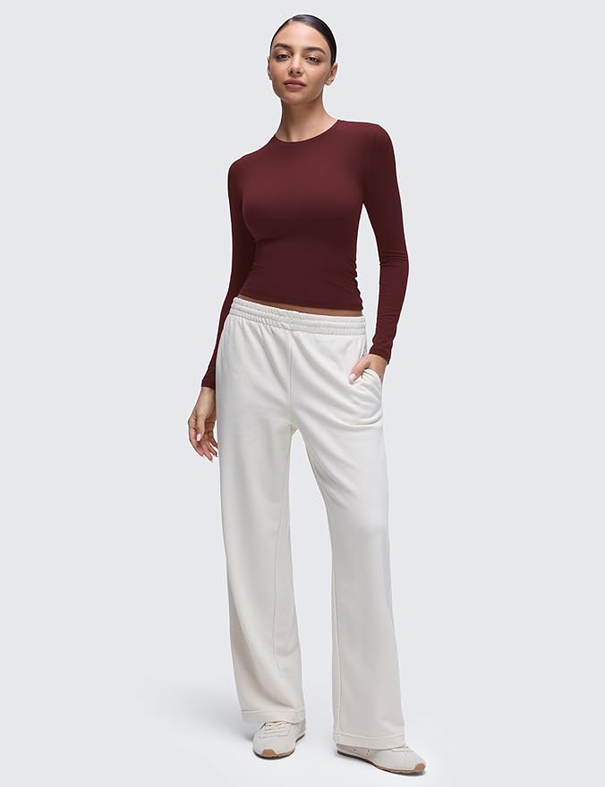 CRZ YOGA Softembrace Crewneck Long Sleeve Shirts for Women - Casual Going Out Tops Soft Basic Fitted Tight Fall T-Shirts