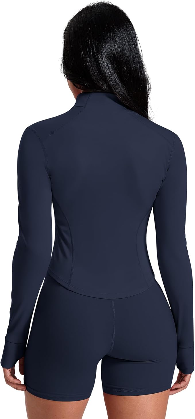 AVGO Women's Workout Jacket Lightweight Zip Up Crop Top Running Sportwear Slim Fit Gym Jackets With Thumb Holes