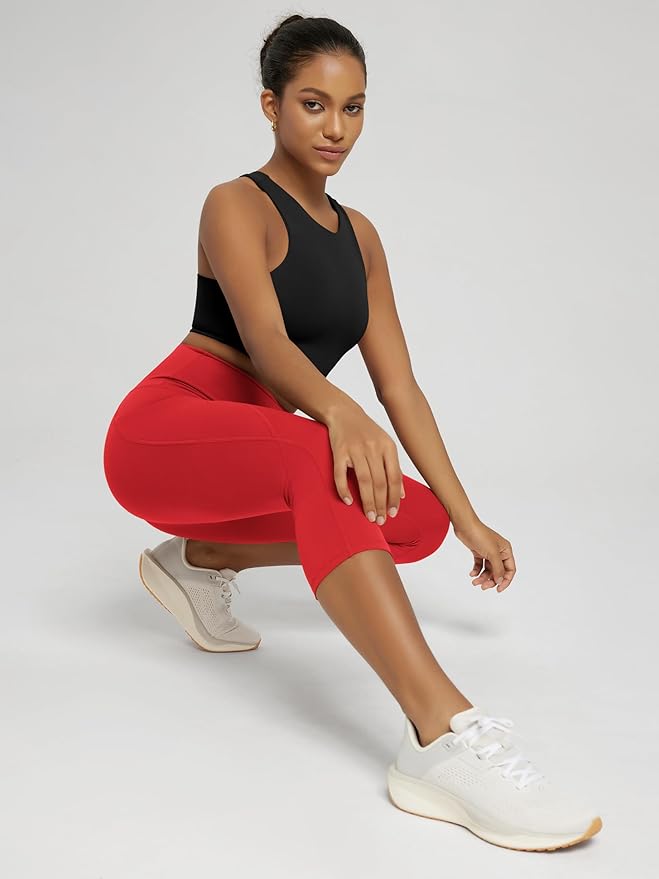 ODODOS Women's High Waisted Yoga Capris with Pockets, Tummy Control Non See Through Workout Athletic Running Capri Leggings