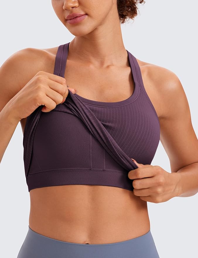 CRZ YOGA Seamless Ribbed Scoop Neck Tank Top for Women - Workout Racerback Padded Athletic Camisole with Built in Bra