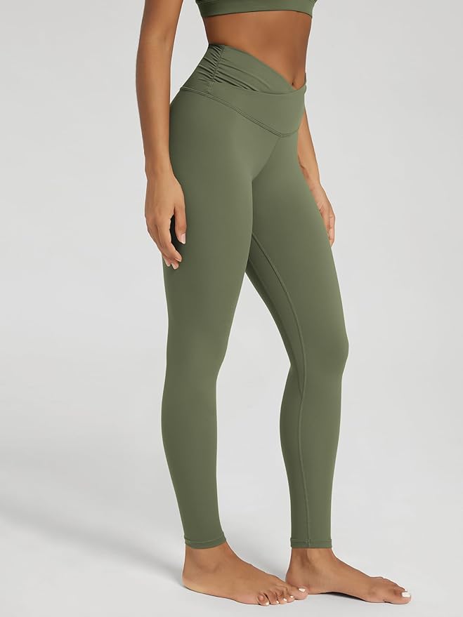ODODOS Women's Cross Waist Yoga Leggings with Inner Pocket, 23"/25"/28" Gathered Crossover Workout Yoga Pants