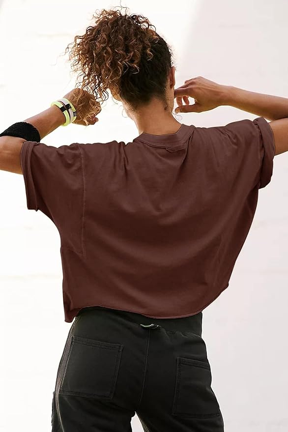Women's Oversize Workout Crop Tops Casual Short Sleeve Drop Shoulder Boxy T-Shirts Roll Hem Basic Loose Yoga Running Tees