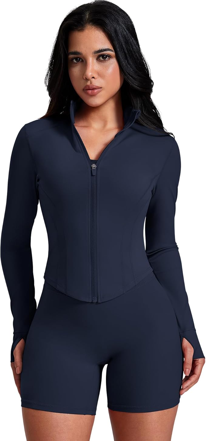 AVGO Women's Workout Jacket Lightweight Zip Up Crop Top Running Sportwear Slim Fit Gym Jackets With Thumb Holes