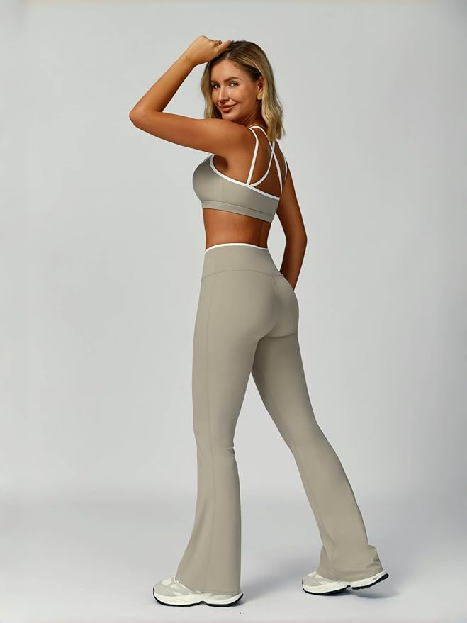 ABOCIW Workout Sets for Women 2 Piece Color Block Strappy Sports Bra High Waist Flare Leggings Gym Yoga Pilates Outfits