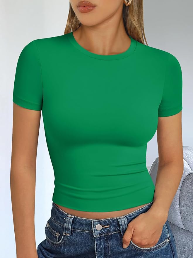 Trendy Queen Womens Short Sleeve T Shirts - Buttery Soft Summer Crop Tops Slim Fit Y2k Basic Tees for Workout