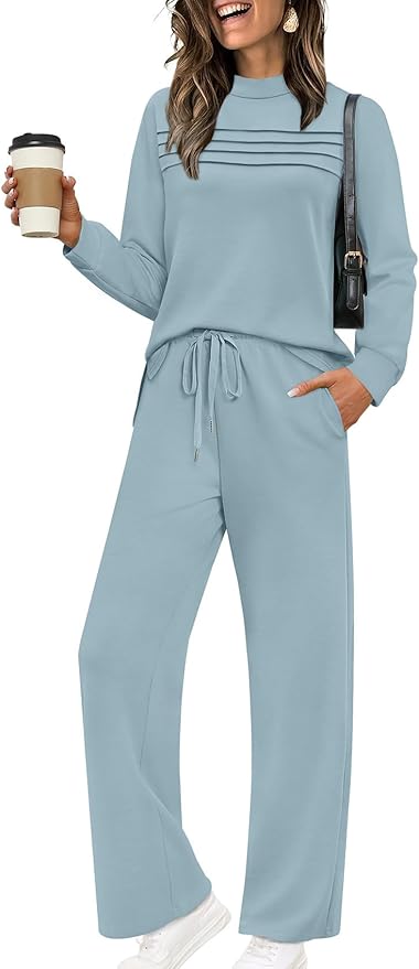 WIHOLL Two Piece Sets for Women Spring Travel Vacation Outfits 2026 Long Sleeve Lounge Sets Side Slit Wide Leg Pants S-3XL