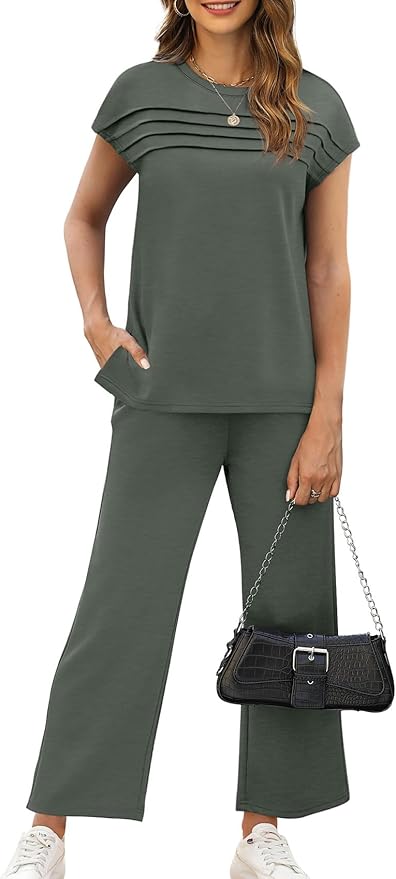 WIHOLL Two Piece Sets for Women Summer Spring Travel Vacation Outfits Cap Sleeve Lounge Matching Sets Wide Leg Pants S-3XL