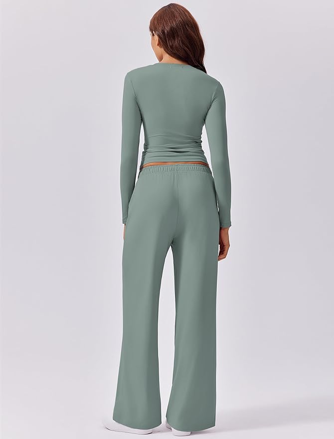 PINSPARK Women 2 Piece Lounge Set Long Sleeve Cropped Top Wide Leg Pants with Pockets 2024 Fall Outfits Matching Tracksuit