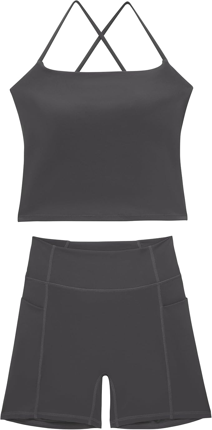OMKAGI Workout Sets for Women Cute Spaghetti Strap Tank Tops Booty Shorts Outfits with Pockets