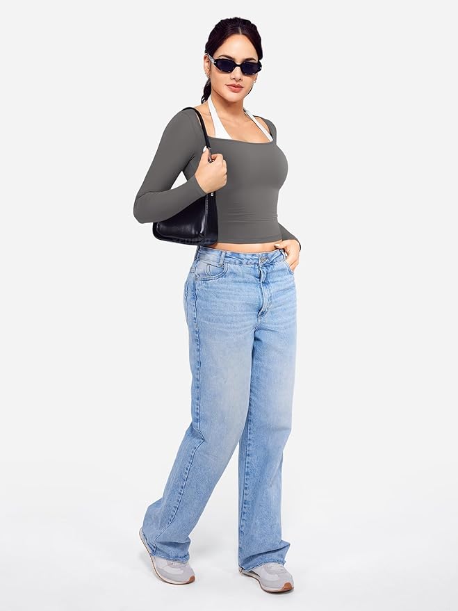 YEOREO Long Sleeve Workout Tops for Women Square Neck Slim Fitted Double Lined Compression Shirt Basic Casual Gym Yoga Tops