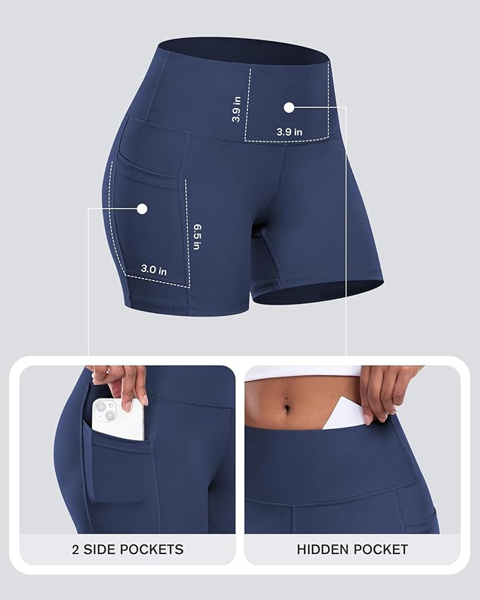 CHRLEISURE Womens Biker Yoga Shorts with Pocket, High Waisted Tummy Control 5 Inch Workout Spandex Athletic Gym Shorts