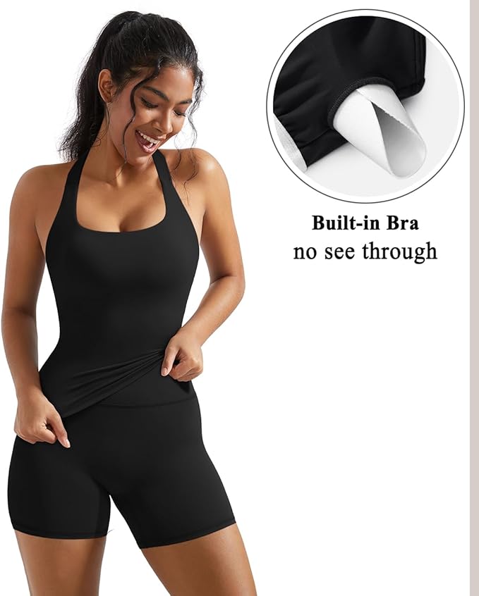 OMKAGI 2 Piece Workout Sets for Women Halter Sports Bra Tank Gym Biker Shorts Outfits