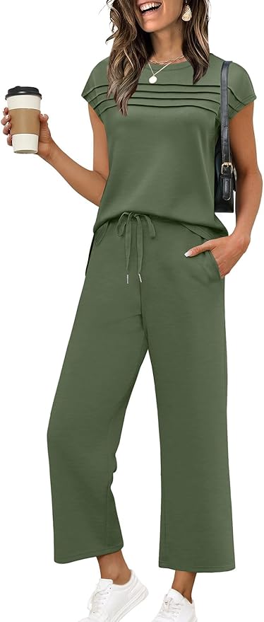 WIHOLL Two Piece Sets for Women Summer Spring Travel Vacation Outfits Cap Sleeve Lounge Matching Sets Wide Leg Pants S-3XL