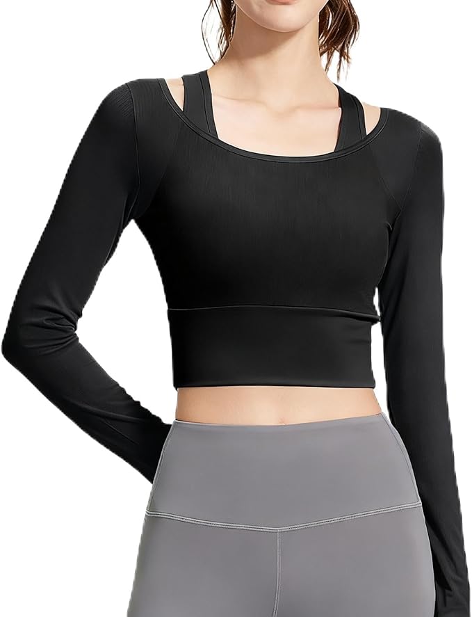 Women's 2 in 1 Yoga Long Sleeve Mesh Gym Athletic Tops Stretch Workout Pilates Shirts with Comfortable Sports Bra