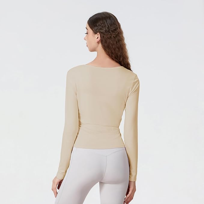 Women Wrap Tie Top Y2k Long SLeeve Ballet Workout Yoga Shirt Coquette Blouses