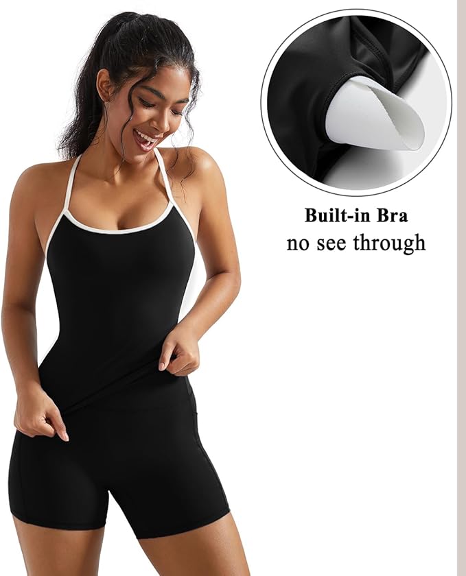 OMKAGI 2 Piece Workout Sets for Women Padded Sports Bra Tank Booty Gym Shorts with Pockets