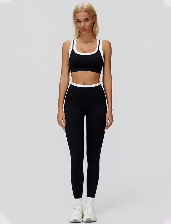 Women 2 Piece Workout U Back Color Block Sports Bra High Waist Active Leggings Yoga Pilates Outfits