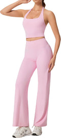RXRXCOCO Halter Workout Sets for Women 2 Piece Padded Crop Tank Tops Straight Leg Yoga Pants Outfits with Hidden Pocket