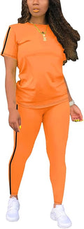 Women's 2 Piece Outfits Sweatsuit Summer Workout Striped Short Sleeve Long Sweatpants Casual Jogging Lounge Set