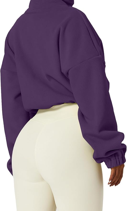 QINSEN Women's Full Zip Fleece Short Jacket Warm Winter Long Sleeve Stand Collar Sherpa Crop Coat