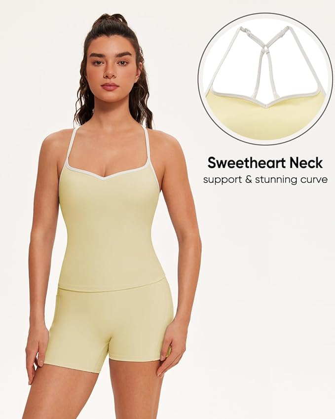 OMKAGI Sports Bras for Women Cute Sweetheart Neck Workout Tank Tops Open Back Yoga Bra Top