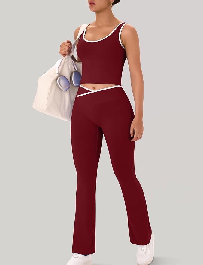OLCHEE Womens Workout Sets 2 Piece Gym Yoga Outfits Crossover Flare Leggings Crop Tank Top with Contrast Trim