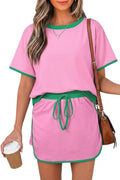 Opemiby Womens 2 Piece Skort Set 2026 Color Block Short Sleeve Top Drawstring Skort Matching Sets Casual Lounge Summer Outfit
