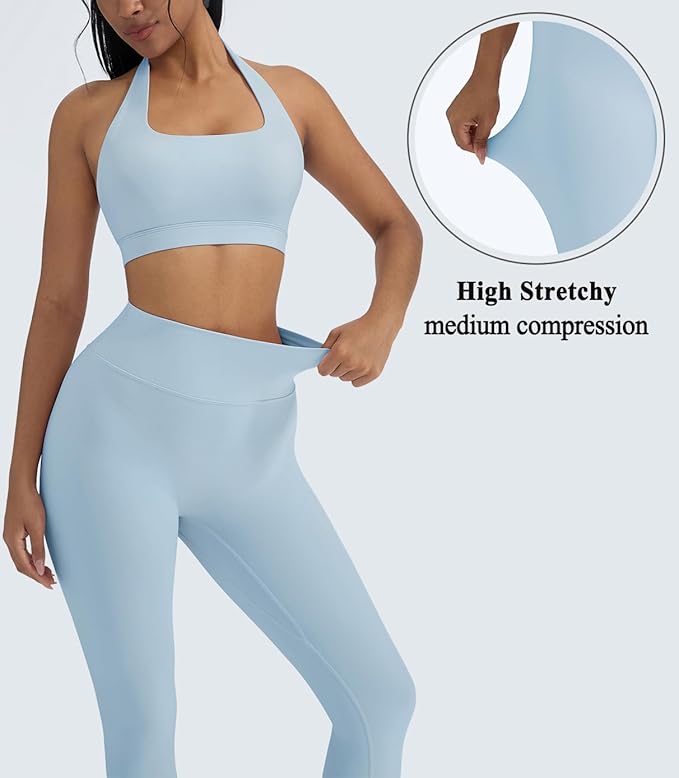 OMKAGI 2 Piece Workout Sets for Women Halter Sports Bras Gym Sets Booty Leggings Outfits