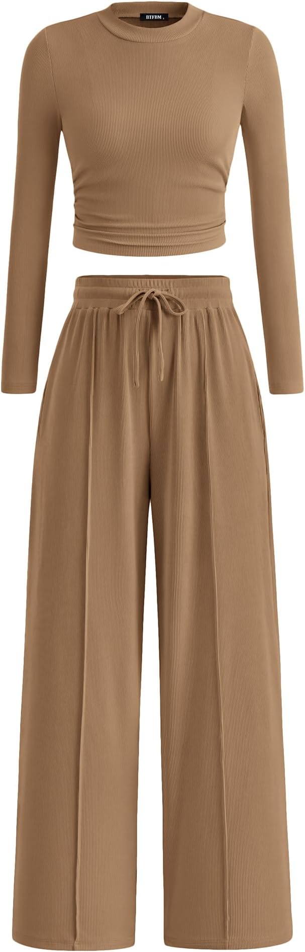 BTFBM Casual 2 Piece Sets For Women Fall Outfits 2026 Ribbed Spring Long Sleeve Crop Top Wide Leg Pants Matching Lounge Set