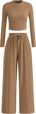 BTFBM Casual 2 Piece Sets For Women Fall Outfits 2026 Ribbed Spring Long Sleeve Crop Top Wide Leg Pants Matching Lounge Set