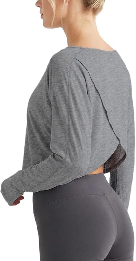 Sanutch Women’s Split Back Long Sleeve Crop Yoga Top – Soft Breathable Boat Neck Athleisure Tee for Everyday Wear