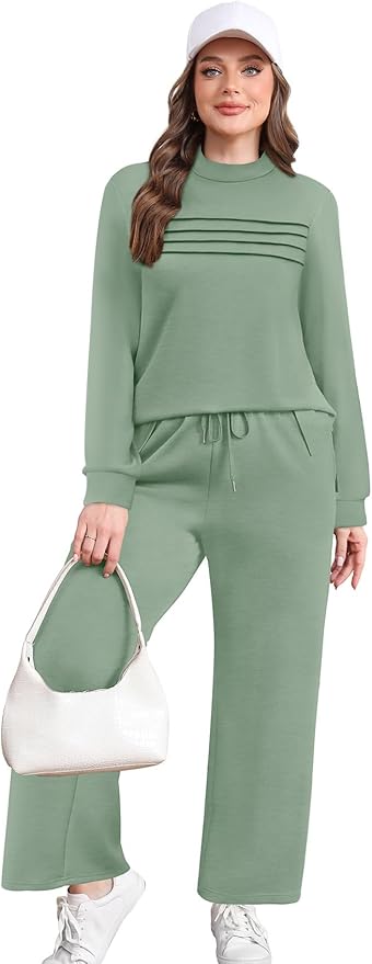 WIHOLL Two Piece Sets for Women Spring Travel Vacation Outfits 2026 Long Sleeve Lounge Sets Side Slit Wide Leg Pants S-3XL