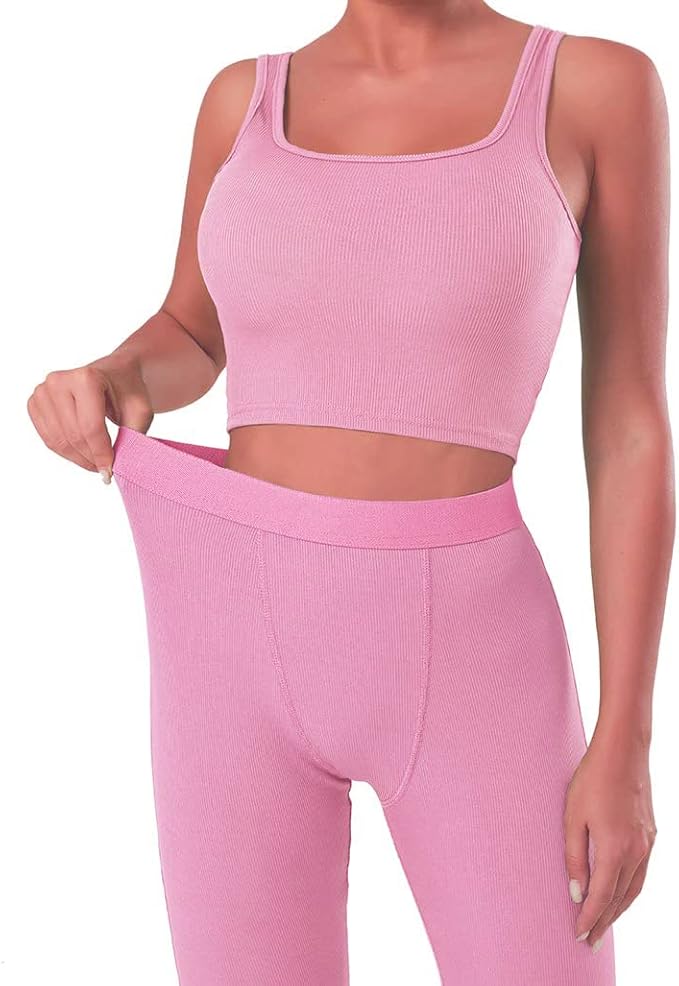 LICOBOD Casual Workout Sets 2 Piece Outfits for Women Ribbed Crop Tank Top High Waist Yoga Leggings Lounge Wear Tracksuit