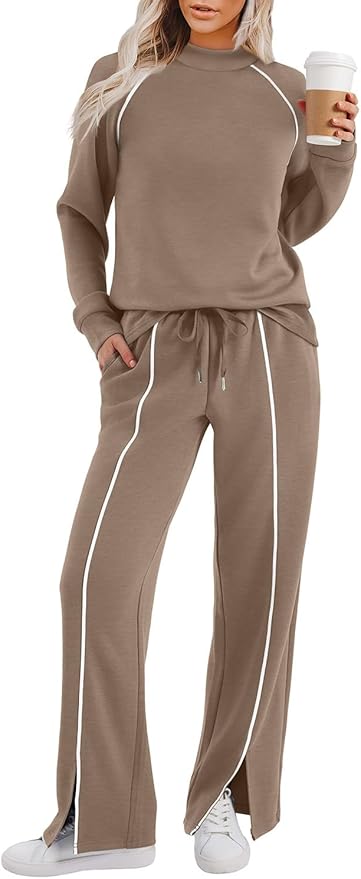 WIHOLL Lounge Sets for Women 2 Piece Fall Outfits 2025 Wide Leg Pant Matching Sets Womens Clothing
