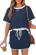 Opemiby Womens 2 Piece Skort Set 2026 Color Block Short Sleeve Top Drawstring Skort Matching Sets Casual Lounge Summer Outfit