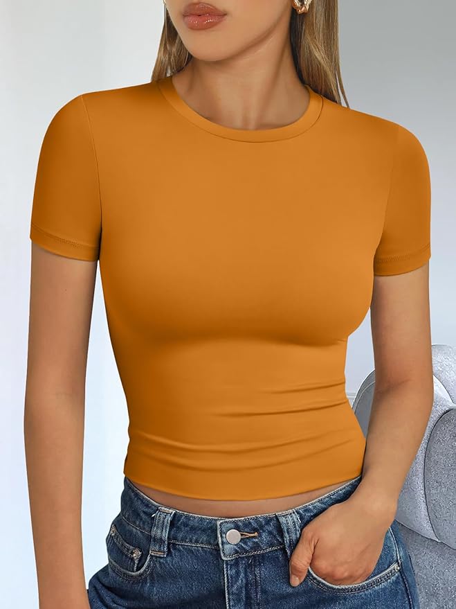 Trendy Queen Womens Short Sleeve T Shirts - Buttery Soft Summer Crop Tops Slim Fit Y2k Basic Tees for Workout