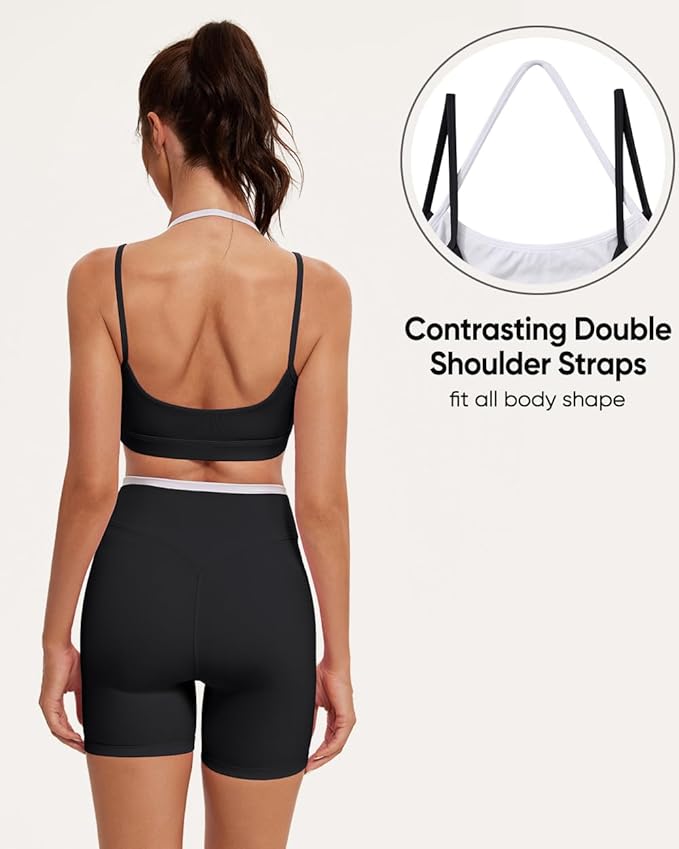 OMKAGI Workout Sets for Women Cute Doubel Layer Open Back Sports Bras Gym Shorts Outfits