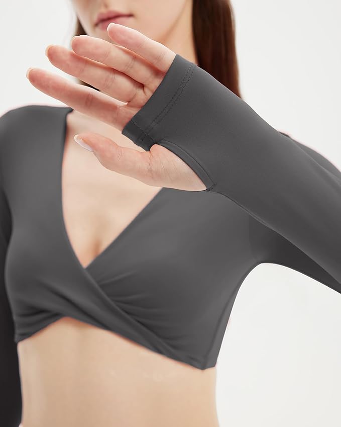 SUUKSESS Women 2 Piece Workout Sets Long Sleeve Twist Deep V Crop Padded Tops Yoga Leggings with Side Pockets