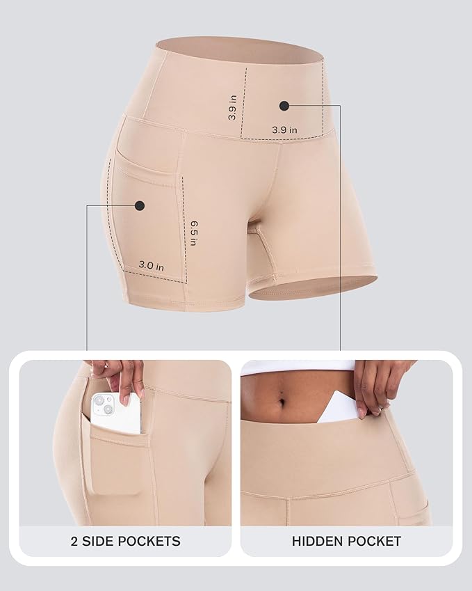 CHRLEISURE Womens Biker Yoga Shorts with Pocket, High Waisted Tummy Control 5 Inch Workout Spandex Athletic Gym Shorts