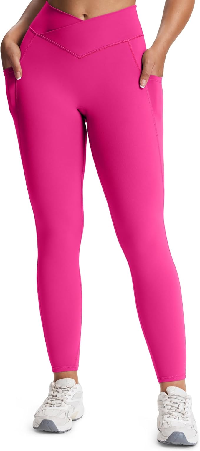 Aoxjox Women's Trinity High Waisted Yoga Pants with Pockets Cross-Waist Tummy Control Buttery Soft Workout Leggings 26"