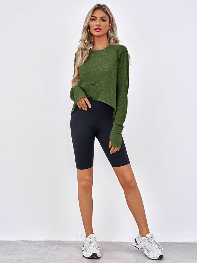 Aurgelmir Womens Long Sleeve Cropped Tops Loose Workout Athletic T-Shirts Flowy Sweatshirt for Yoga Tiered Hem Gym Tees