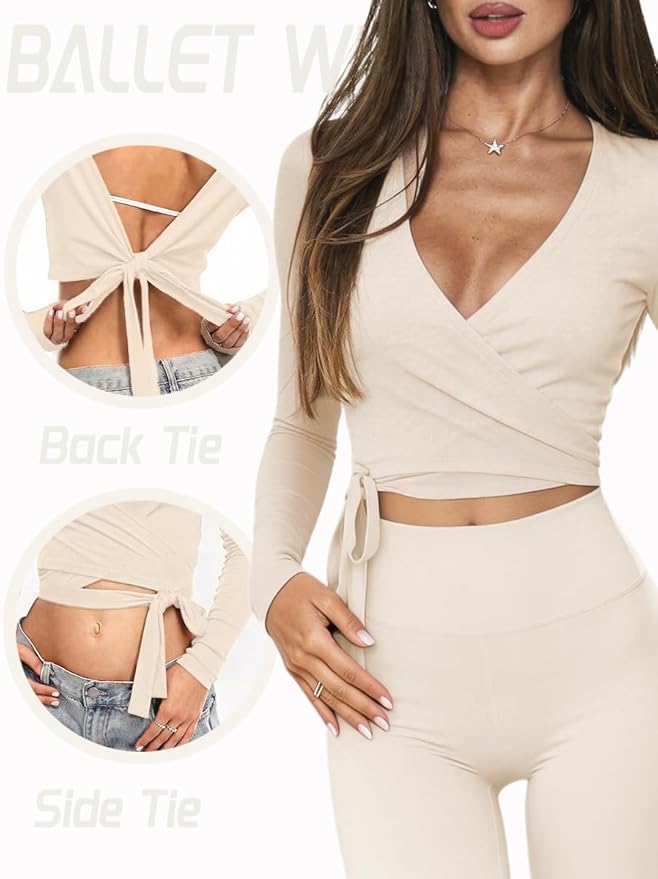 Danysu Ballet Wrap Tops Long Sleeve Cross Tie Crop Shirts Deep V-Neck Dance Clothes Fall Cardigans