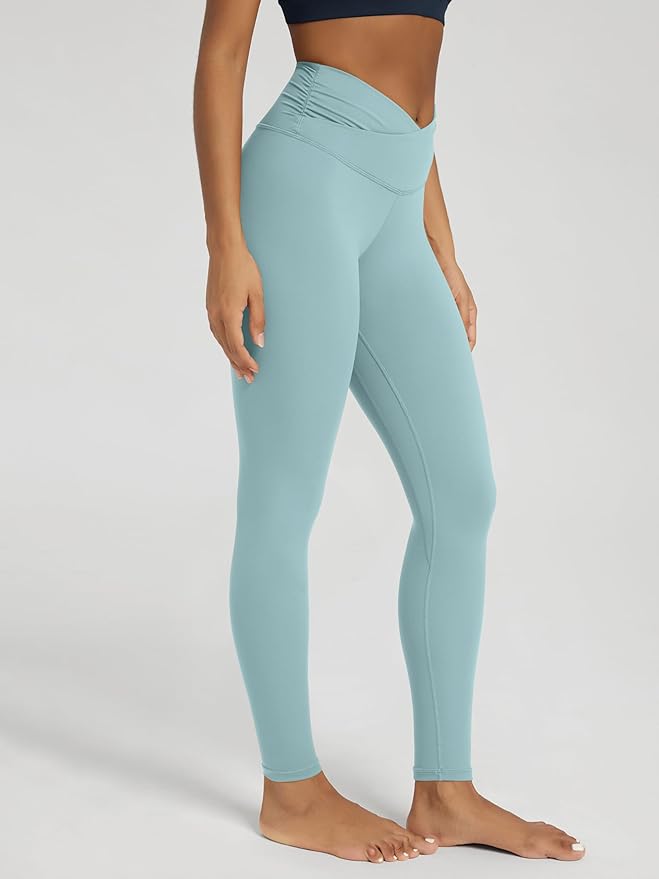 ODODOS Women's Cross Waist Yoga Leggings with Inner Pocket, 23"/25"/28" Gathered Crossover Workout Yoga Pants
