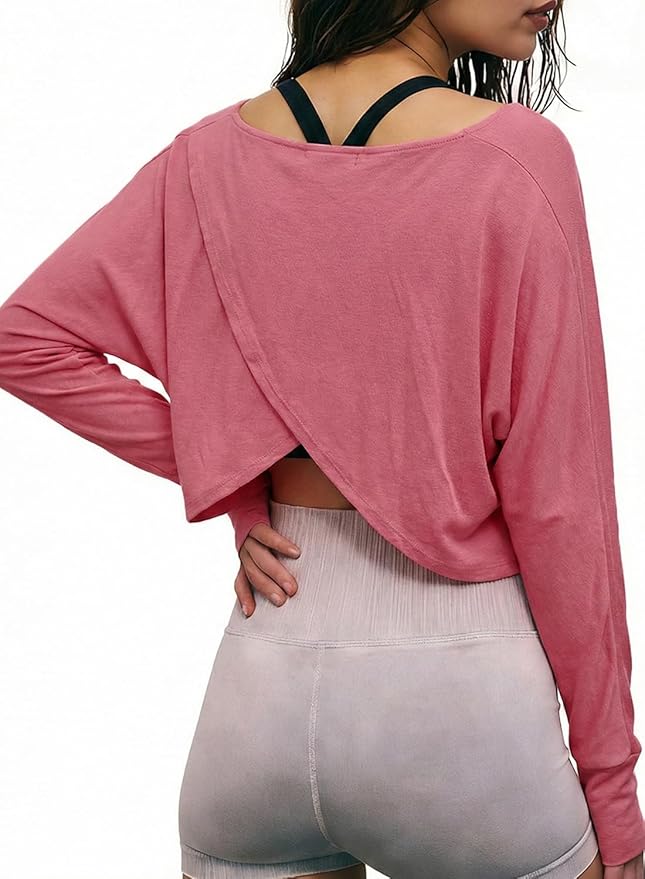 Sanutch Women’s Split Back Long Sleeve Crop Yoga Top – Soft Breathable Boat Neck Athleisure Tee for Everyday Wear