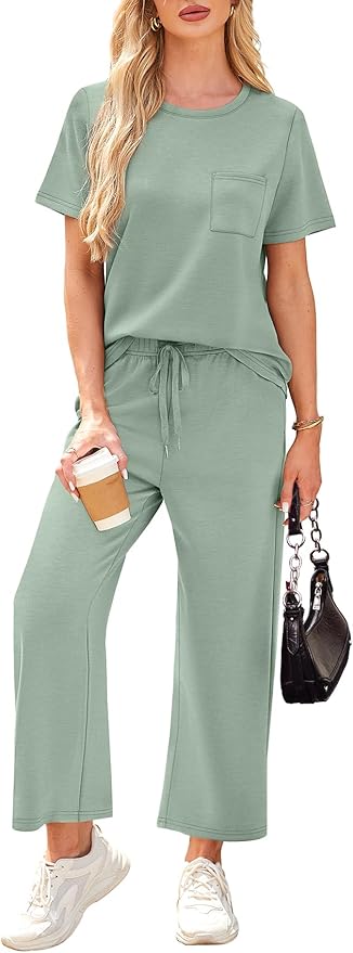 WIHOLL 2 Piece Sets for Women Casual Summer Travel Vacation Outfits Short Sleeve Wide Leg Crop Pants Lounge Sets