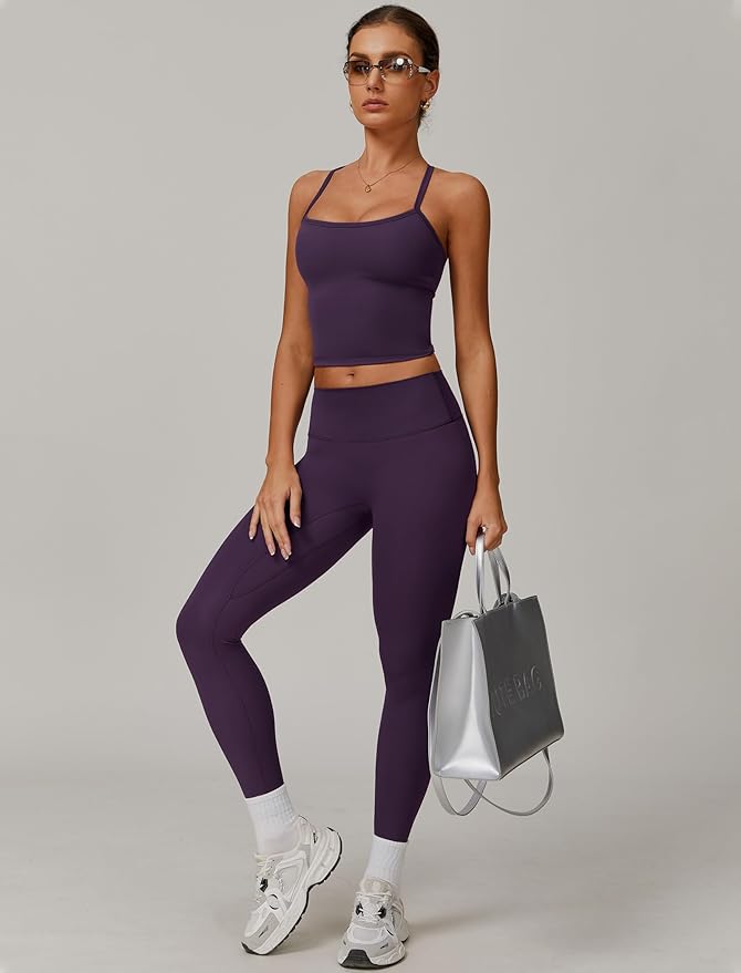 QBGJTD Womens Workout Sets Two Piece Cross Back Tank Top Matching High Waist Leggings Sets Gym Outfits Work Out Clothes
