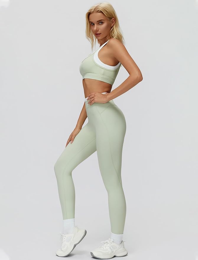 Women 2 Piece Workout U Back Color Block Sports Bra High Waist Active Leggings Yoga Pilates Outfits