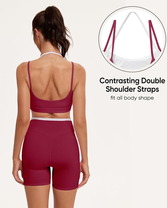 OMKAGI Workout Sets for Women Cute Doubel Layer Open Back Sports Bras Gym Shorts Outfits